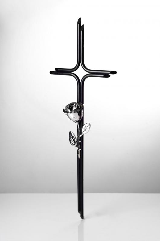 Czarny krzyż nagrobny leżący nr 468 ze stalową różą
