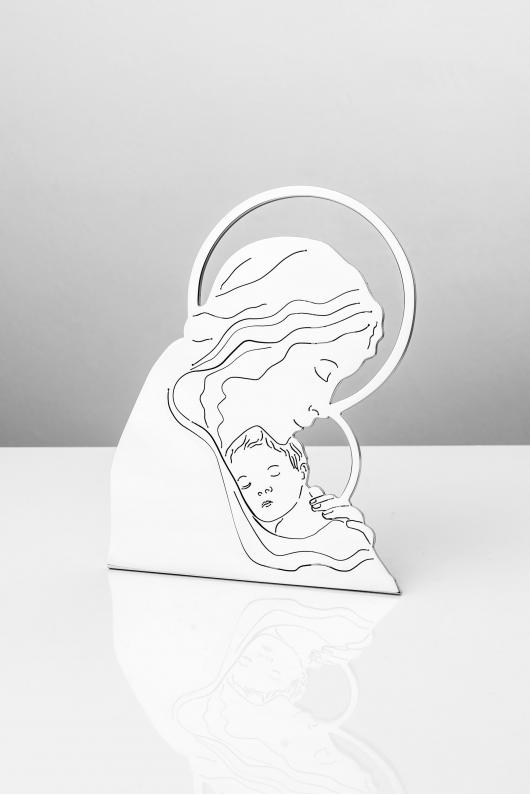 Wizerunek Matki Boskiej z Dzieciątkiem A11EL ze stali polerowanej, skierowany w lewą stronę.